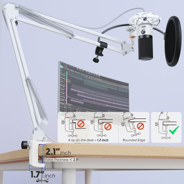 USB Recording Microphone Kit, Studio Condenser Microphone for Vocals Music Creation, Voice-Over, Singing with Metal Boom Arm, 16mm Diaphragm, Podcast Mic Set-T669 White - Image 4
