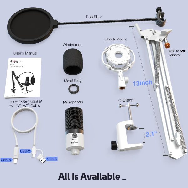 USB Recording Microphone Kit, Studio Condenser Microphone for Vocals Music Creation, Voice-Over, Singing with Metal Boom Arm, 16mm Diaphragm, Podcast Mic Set-T669 White - Image 6