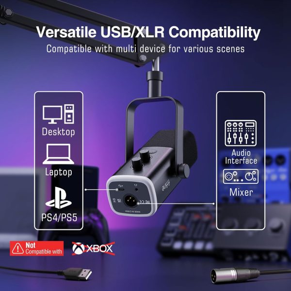 FIFINE XLR/USB Gaming Microphone Set, Dynamic PC Mic for Streaming Podcasting, Computer RGB Mic Kit with Boom Arm Stand, Mute Button, Headphones Jack, for Recording Vocal Voice-Over-AmpliGame AM8T - Image 4