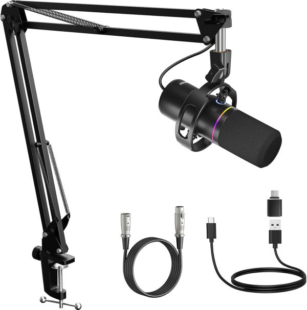 XLR/USB Dynamic Microphone Kit, PC Microphone for Streaming, Podcasting, Gaming, RGB, Mute and Noise Cancelling Function, Volume Control, Headphone Jack