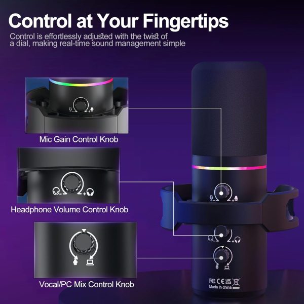 XLR/USB Dynamic Microphone Kit, PC Microphone for Streaming, Podcasting, Gaming, RGB, Mute and Noise Cancelling Function, Volume Control, Headphone Jack - Image 3