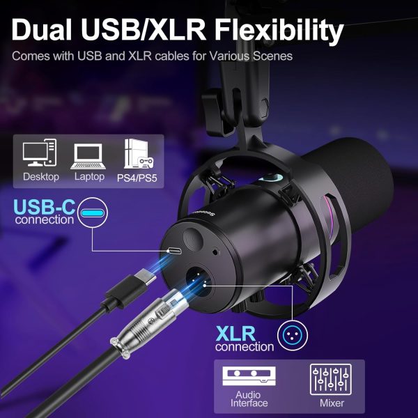 XLR/USB Dynamic Microphone Kit, PC Microphone for Streaming, Podcasting, Gaming, RGB, Mute and Noise Cancelling Function, Volume Control, Headphone Jack - Image 6